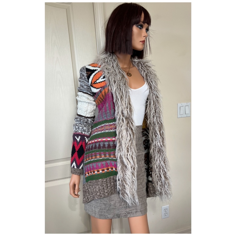 Desigual Faux Fur Open Front Cardigan Embroidered Back Patchwork - Size Small